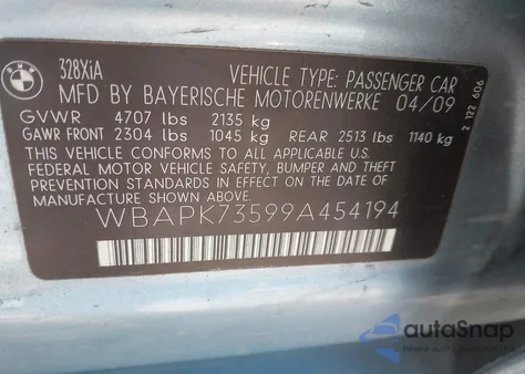 2009 BMW 328I xDrive из США, поврежденный, VIN WBAPK73599A454194